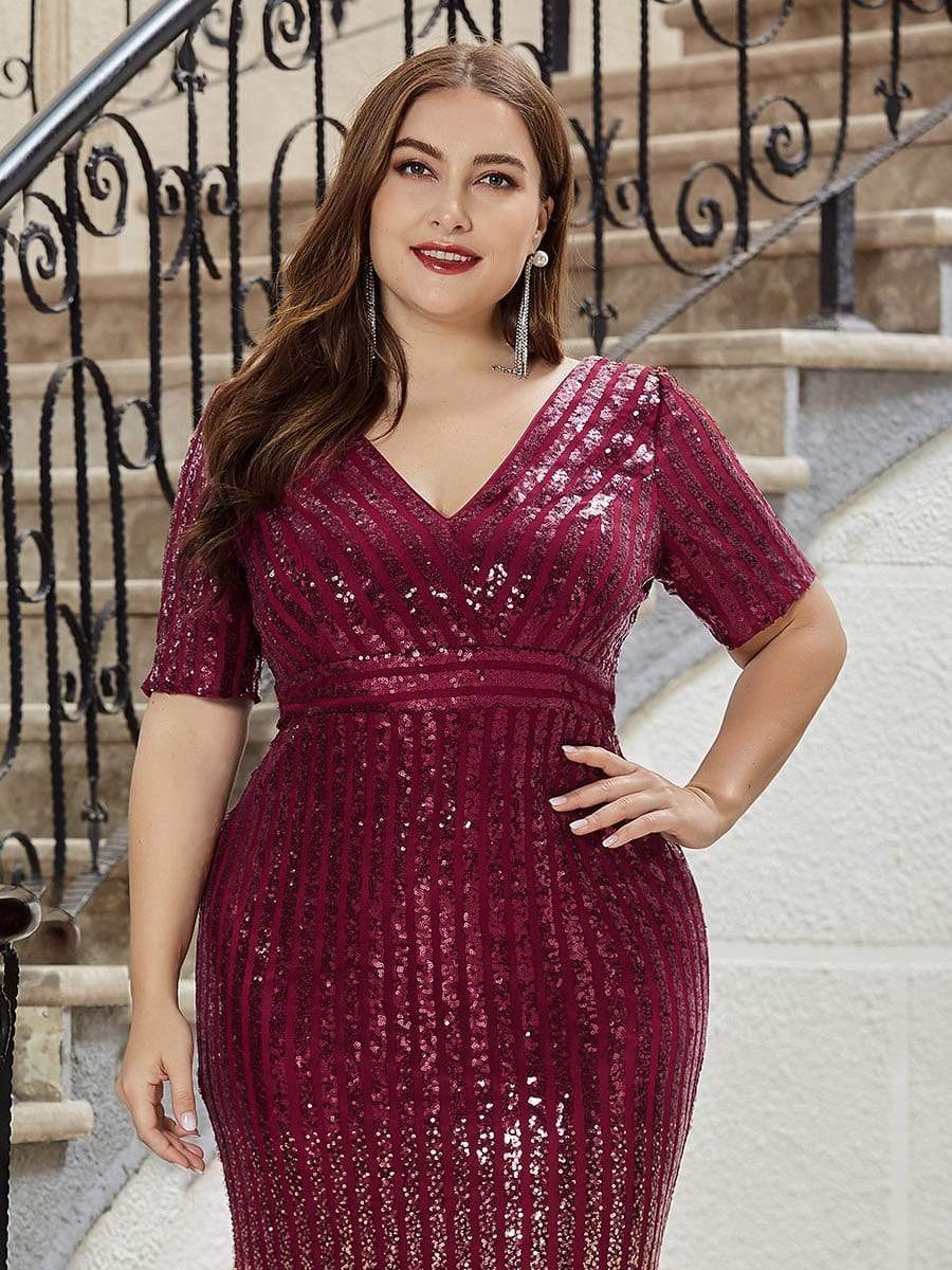 Color=Burgundy | Women's Fashion V Neck Plus Size Mermaid Sequin Evening Dress-Burgundy 5