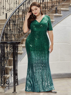 Color=Dark Green | Women's Fashion V Neck Plus Size Mermaid Sequin Evening Dress-Dark Green 4