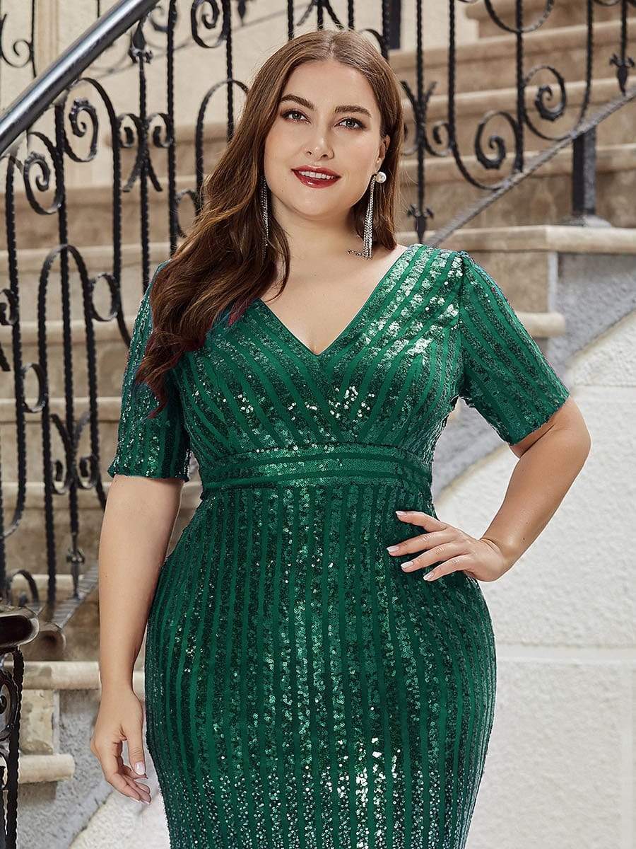 Color=Dark Green | Women's Fashion V Neck Plus Size Mermaid Sequin Evening Dress-Dark Green 5