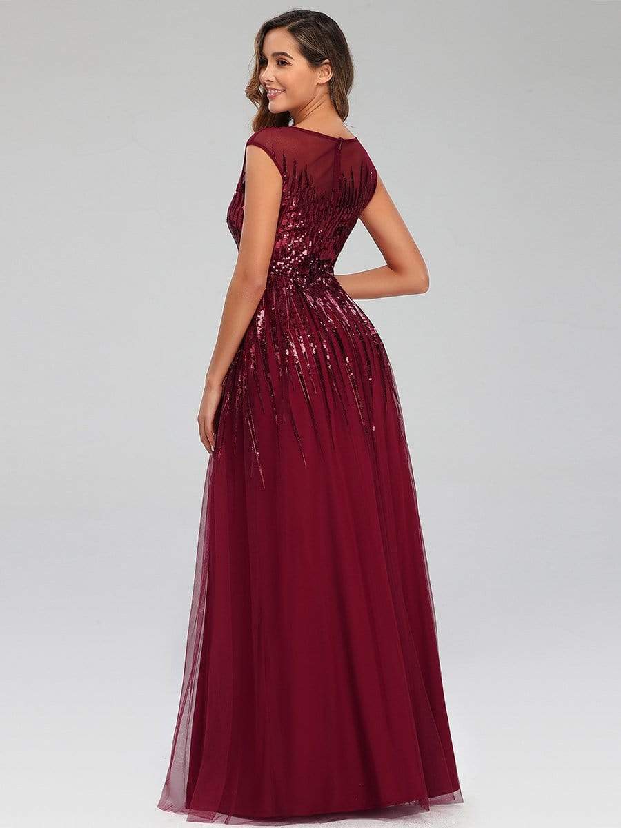 Color=Burgundy | A-Line Cap Sleeve Sequins Patchwork Evening Dresses-Burgundy 2