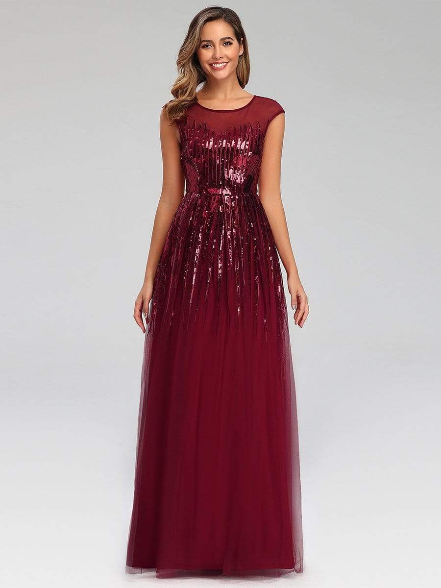 Color=Burgundy | A-Line Cap Sleeve Sequins Patchwork Evening Dresses-Burgundy 4