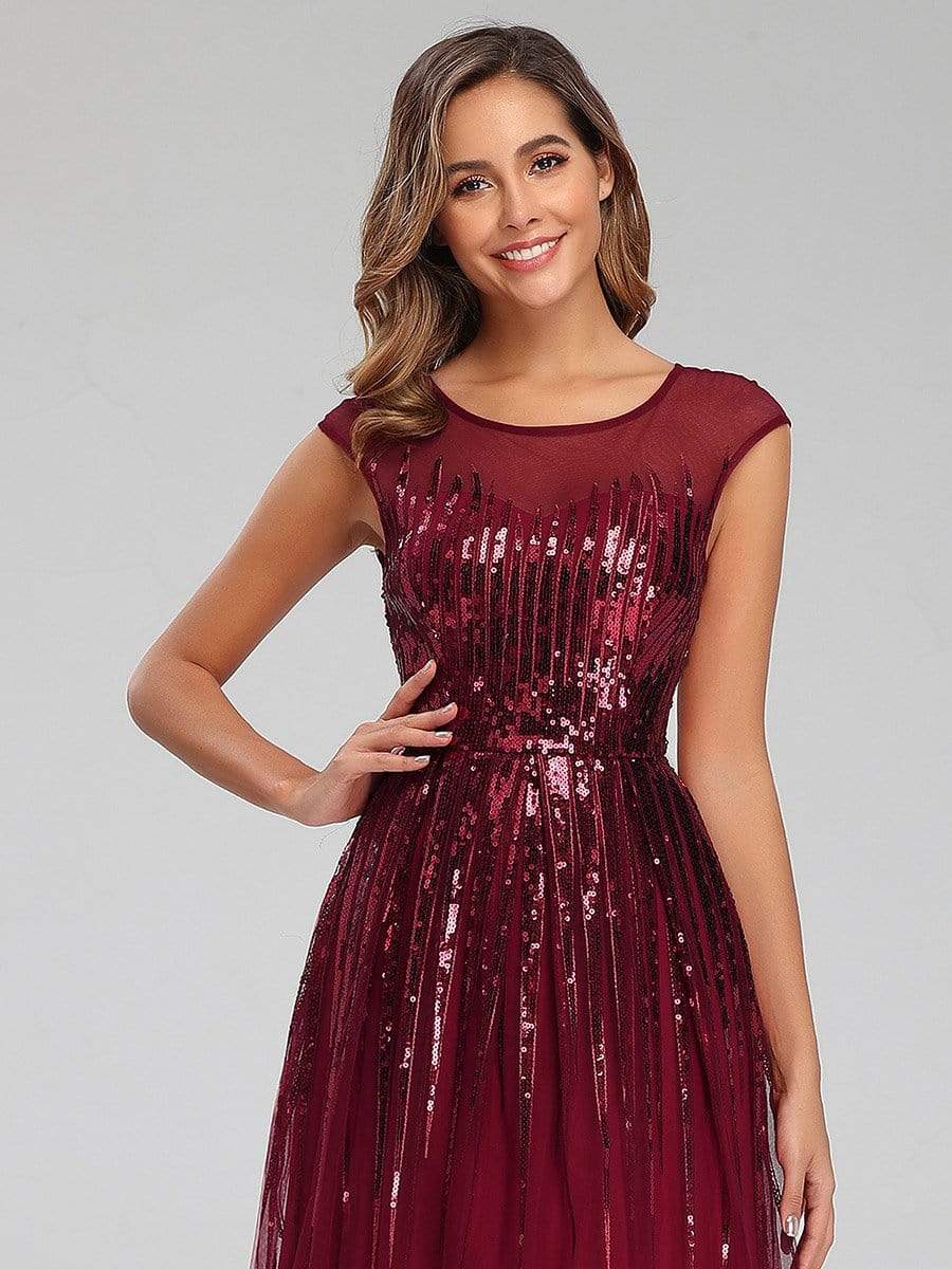 Color=Burgundy | A-Line Cap Sleeve Sequins Patchwork Evening Dresses-Burgundy 5