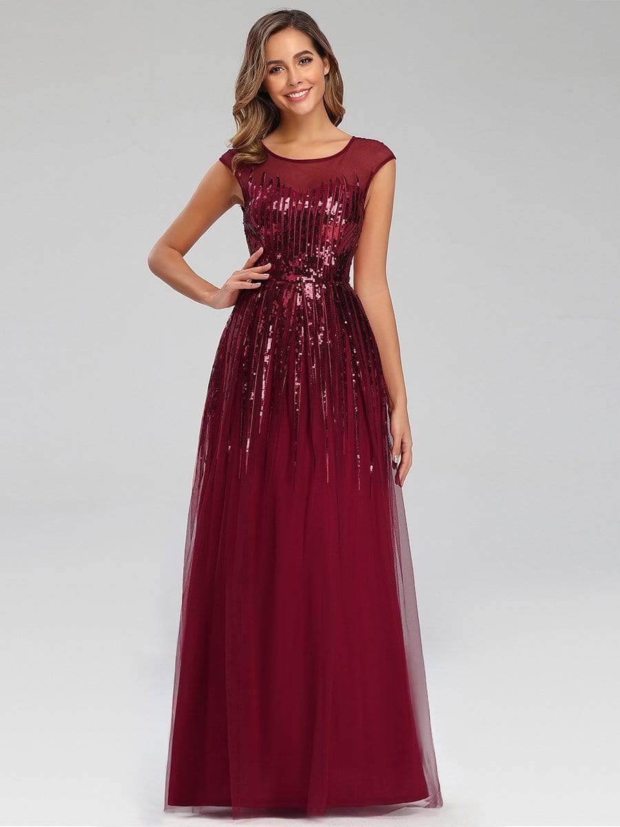 Color=Burgundy | A-Line Cap Sleeve Sequins Patchwork Evening Dresses-Burgundy 1