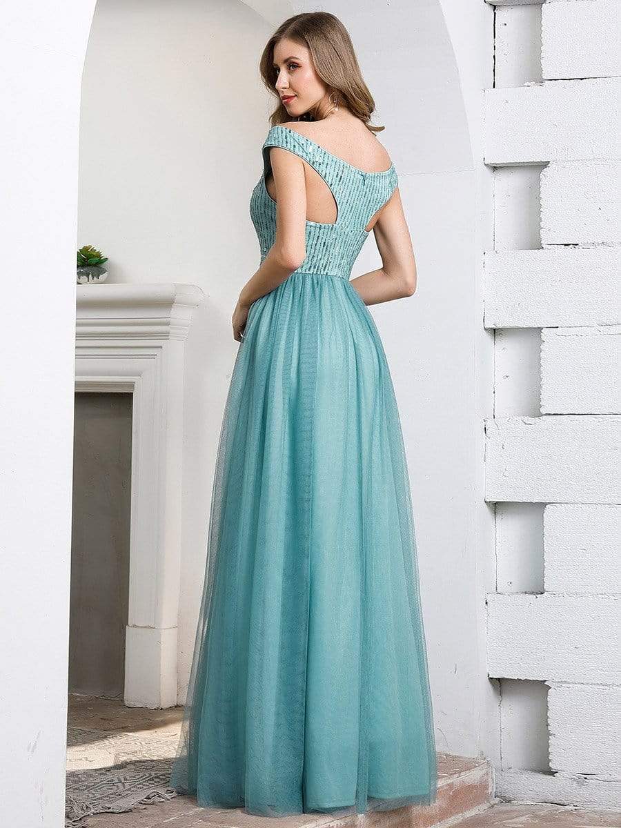 Color=Dusty Blue | Off Shoulder Flowy Tulle Bridesmaid Dress with Sequin Belt-Dusty Blue-2