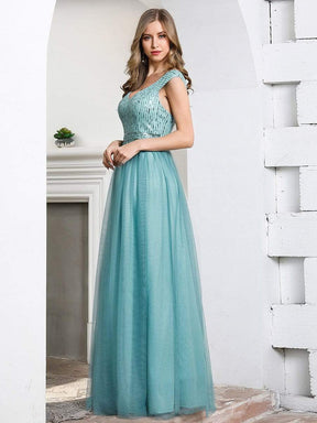 Color=Dusty Blue | Off Shoulder Flowy Tulle Bridesmaid Dress with Sequin Belt-Dusty Blue-3