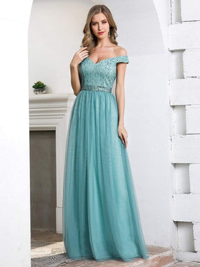 Color=Dusty Blue | Off Shoulder Flowy Tulle Bridesmaid Dress with Sequin Belt-Dusty Blue-4
