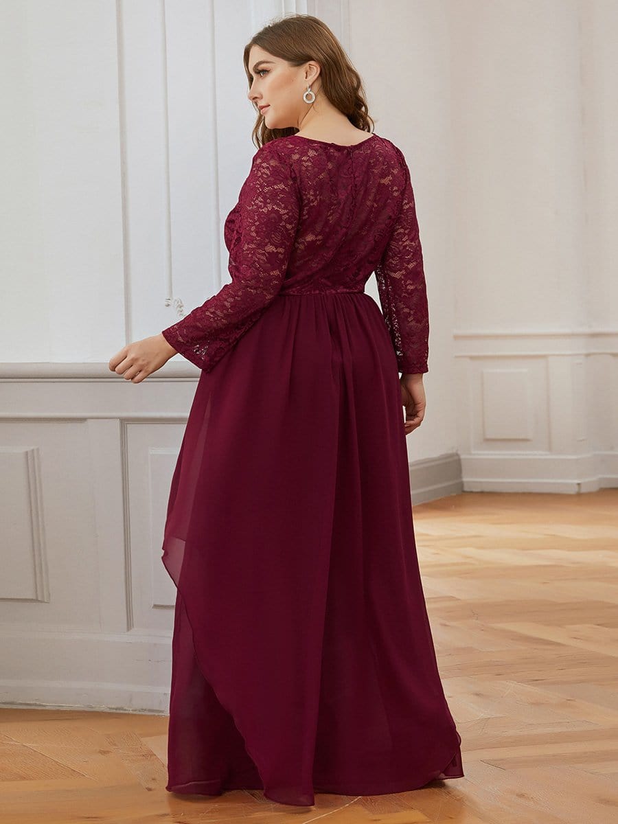 Color=Burgundy | Classic Floal Lace Long Sleeve Bridesmaid Dress-Burgundy 2