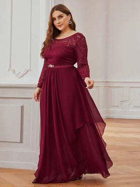 Color=Burgundy | Classic Floal Lace Long Sleeve Bridesmaid Dress-Burgundy 3