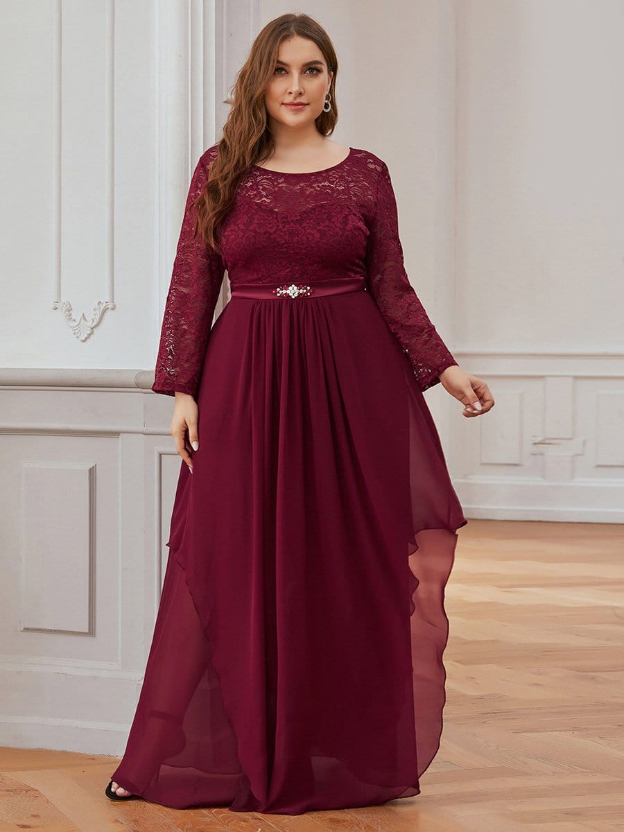 Color=Burgundy | Classic Floal Lace Long Sleeve Bridesmaid Dress-Burgundy 4