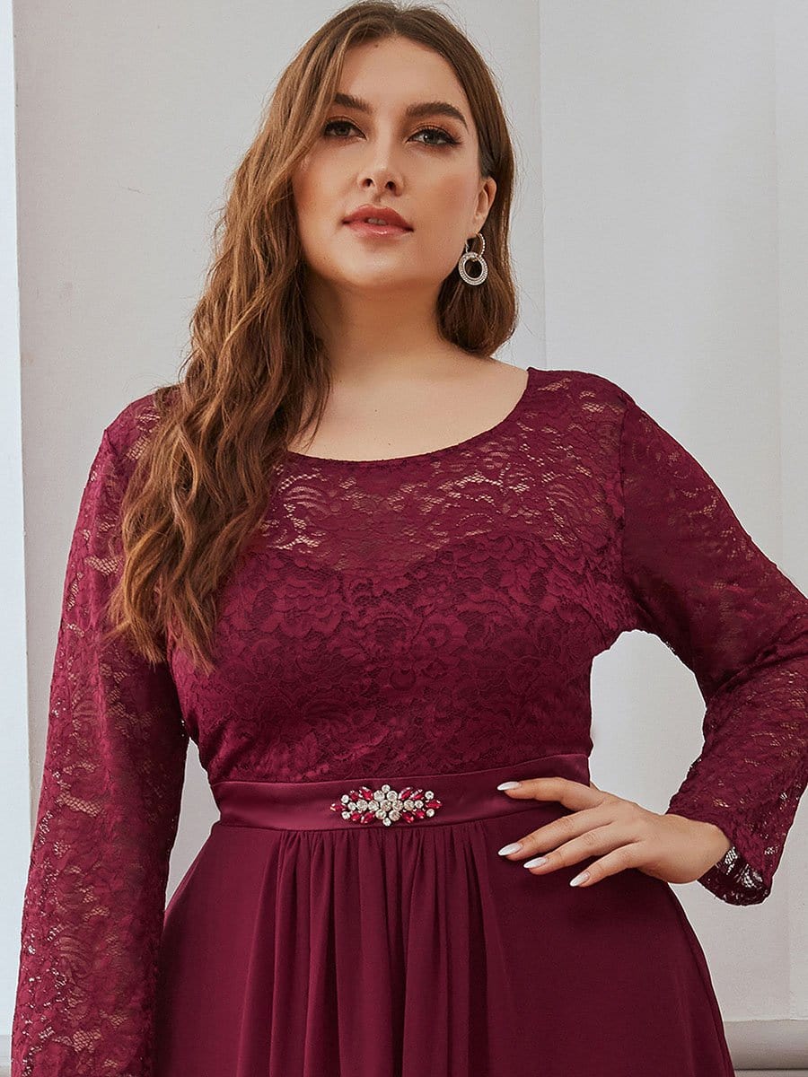 Color=Burgundy | Classic Floal Lace Long Sleeve Bridesmaid Dress-Burgundy 5