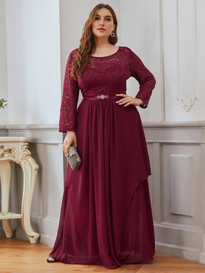 Color=Burgundy | Classic Floal Lace Long Sleeve Bridesmaid Dress-Burgundy 1