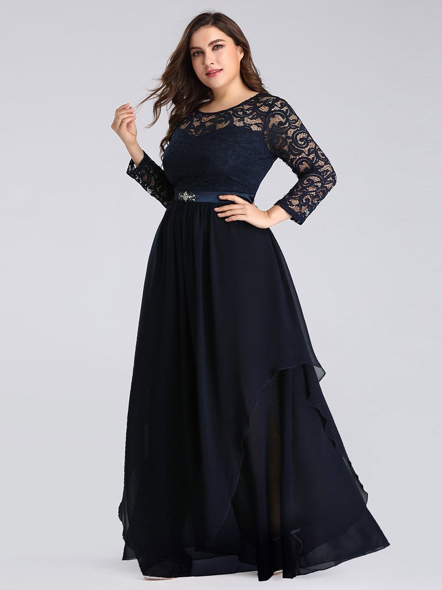 Color=Navy Blue | Classic Floal Lace Long Sleeve Bridesmaid Dress-Navy Blue 4