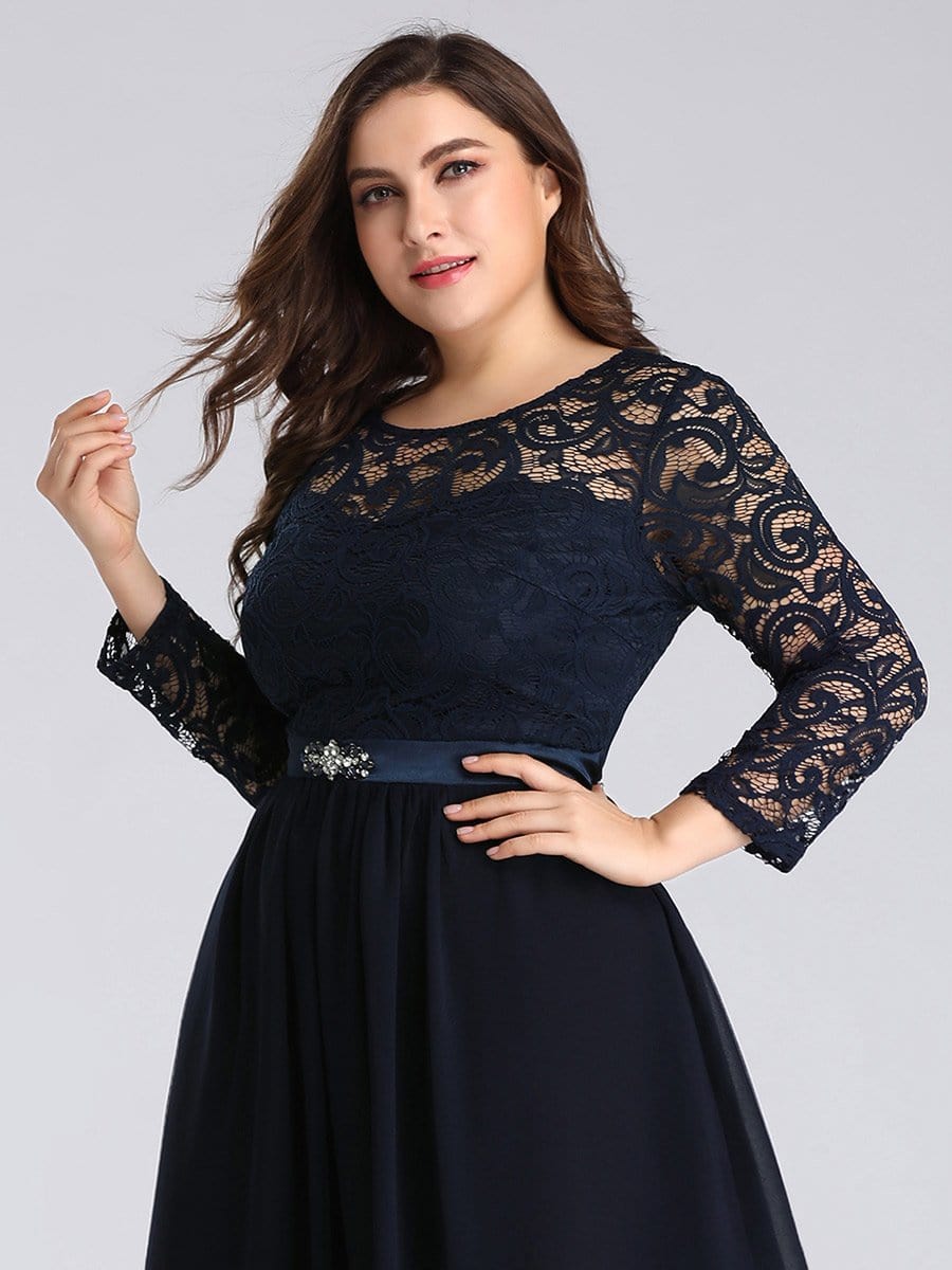 Color=Navy Blue | Classic Floal Lace Long Sleeve Bridesmaid Dress-Navy Blue 5