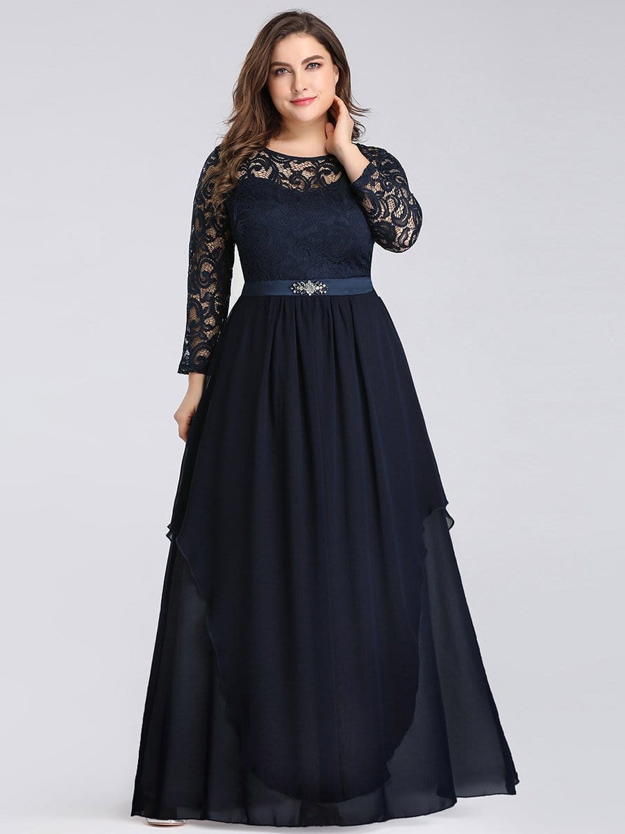 Color=Navy Blue | Classic Floal Lace Long Sleeve Bridesmaid Dress-Navy Blue 1