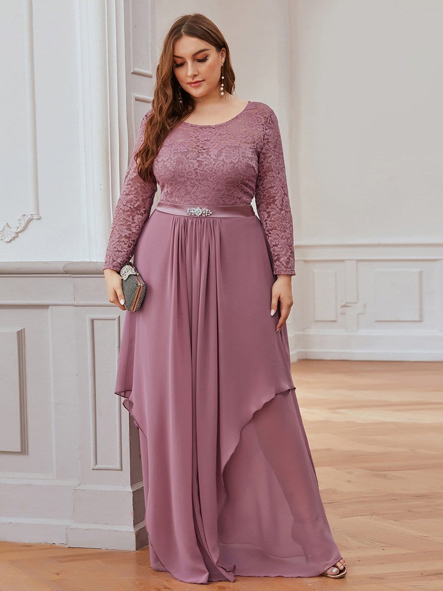 Color=Purple Orchid | Classic Floal Lace Long Sleeve Bridesmaid Dress-Purple Orchid 4