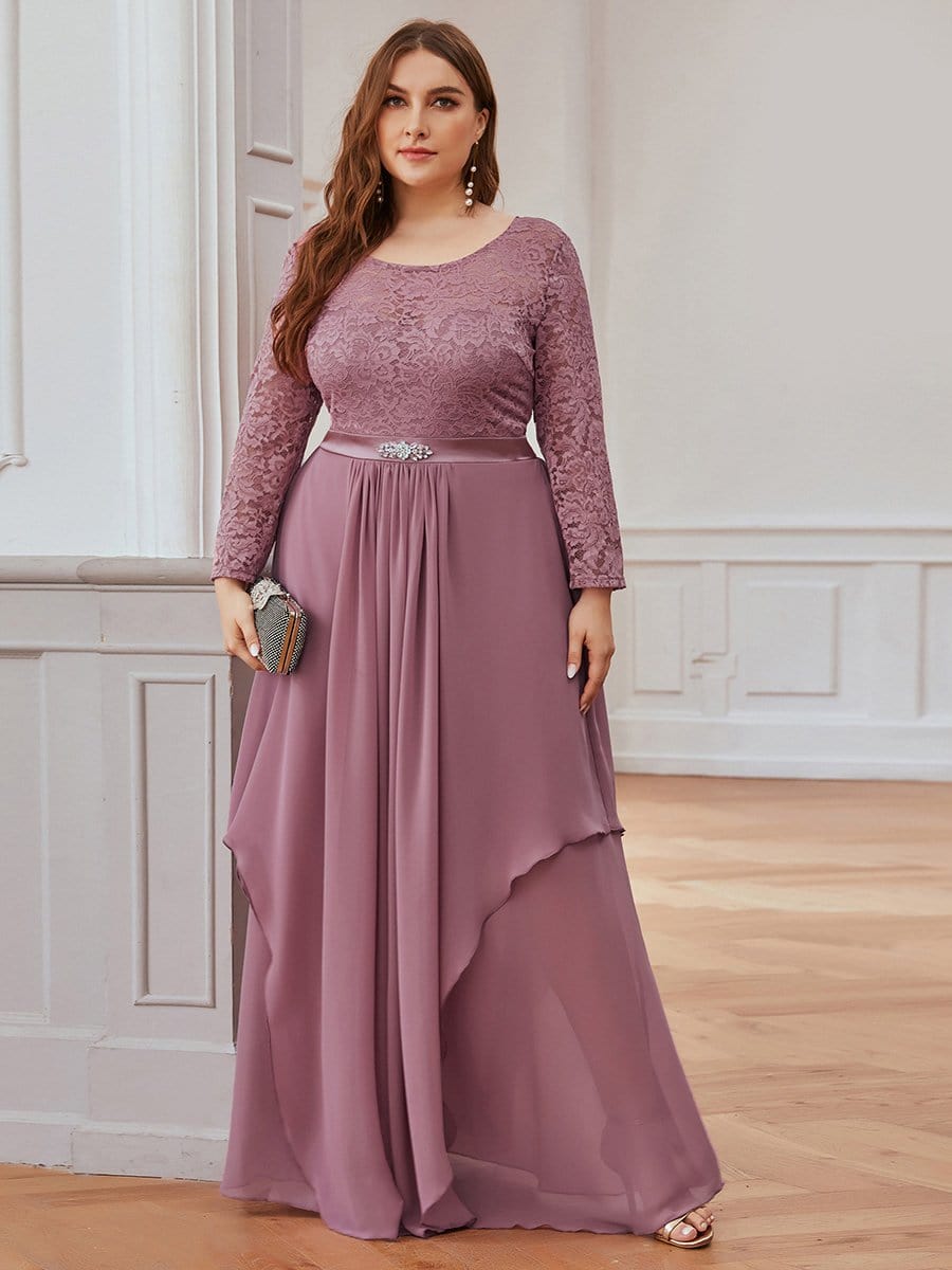 Color=Purple Orchid | Classic Floal Lace Long Sleeve Bridesmaid Dress-Purple Orchid 1