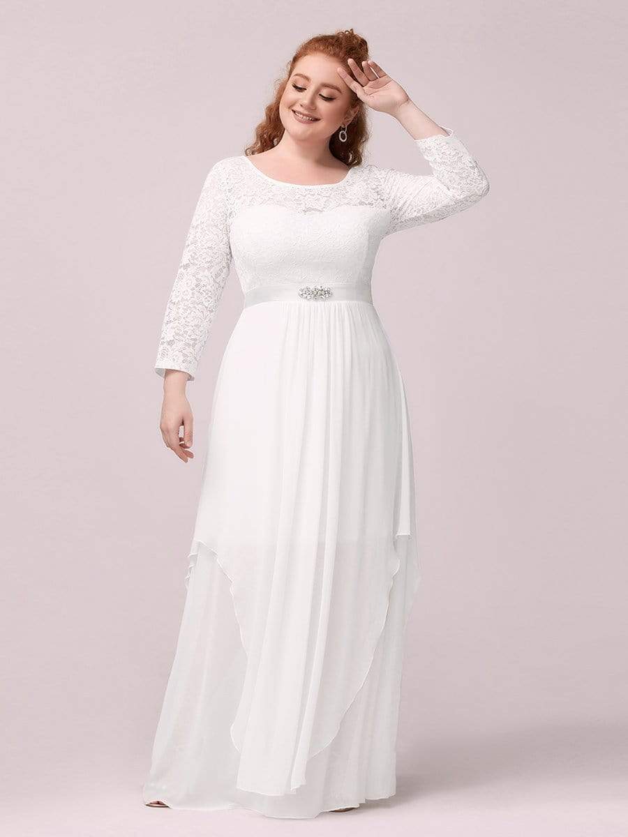 Color=White | Classic Floal Lace Long Sleeve Bridesmaid Dress-White 4