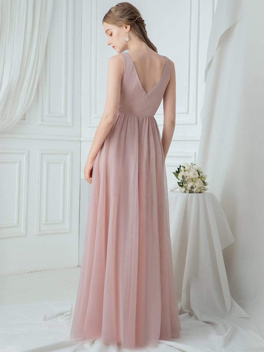 Color=Blush | V-Neck Floor Length Appliqued Tulle Bridesmaid Dress-Blush 2