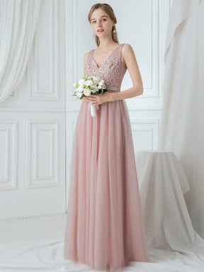 Color=Blush | V-Neck Floor Length Appliqued Tulle Bridesmaid Dress-Blush 4