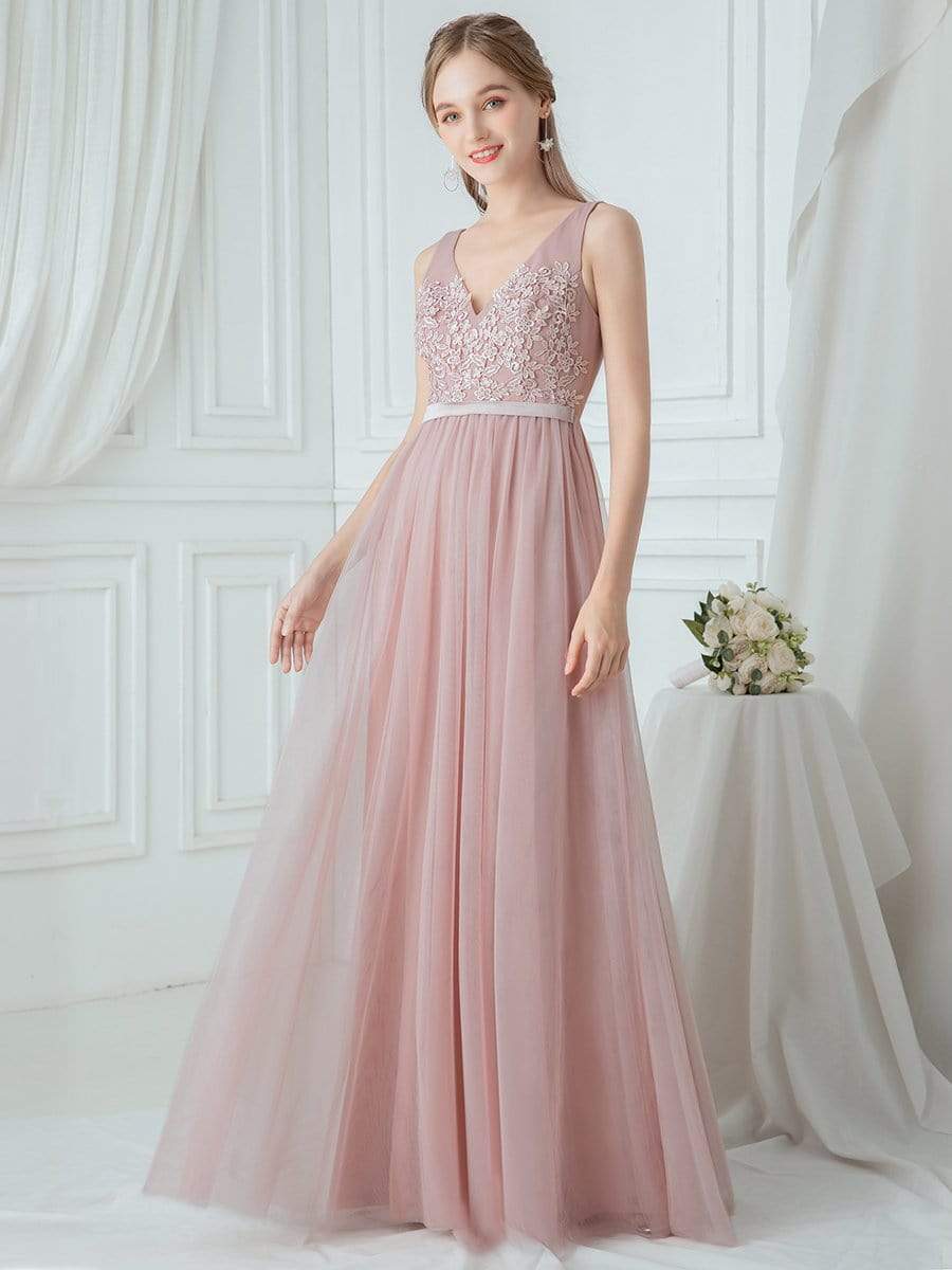 Color=Blush | V-Neck Floor Length Appliqued Tulle Bridesmaid Dress-Blush 1