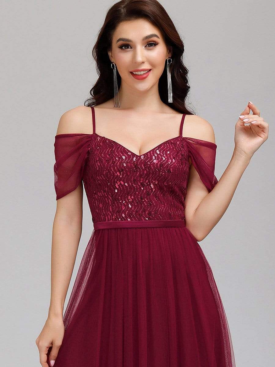 Color=Burgundy | A-Line Sweetheart Neckline Ruffle Sleeve Tulle Bridesmaid Dress With Sequin-Burgundy 5
