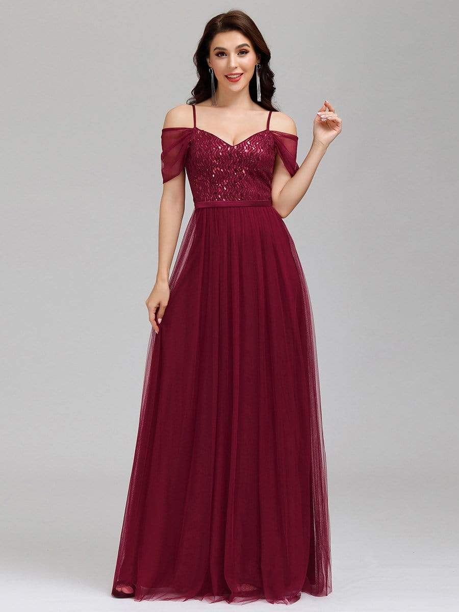 Color=Burgundy | A-Line Sweetheart Neckline Ruffle Sleeve Tulle Bridesmaid Dress With Sequin-Burgundy 4