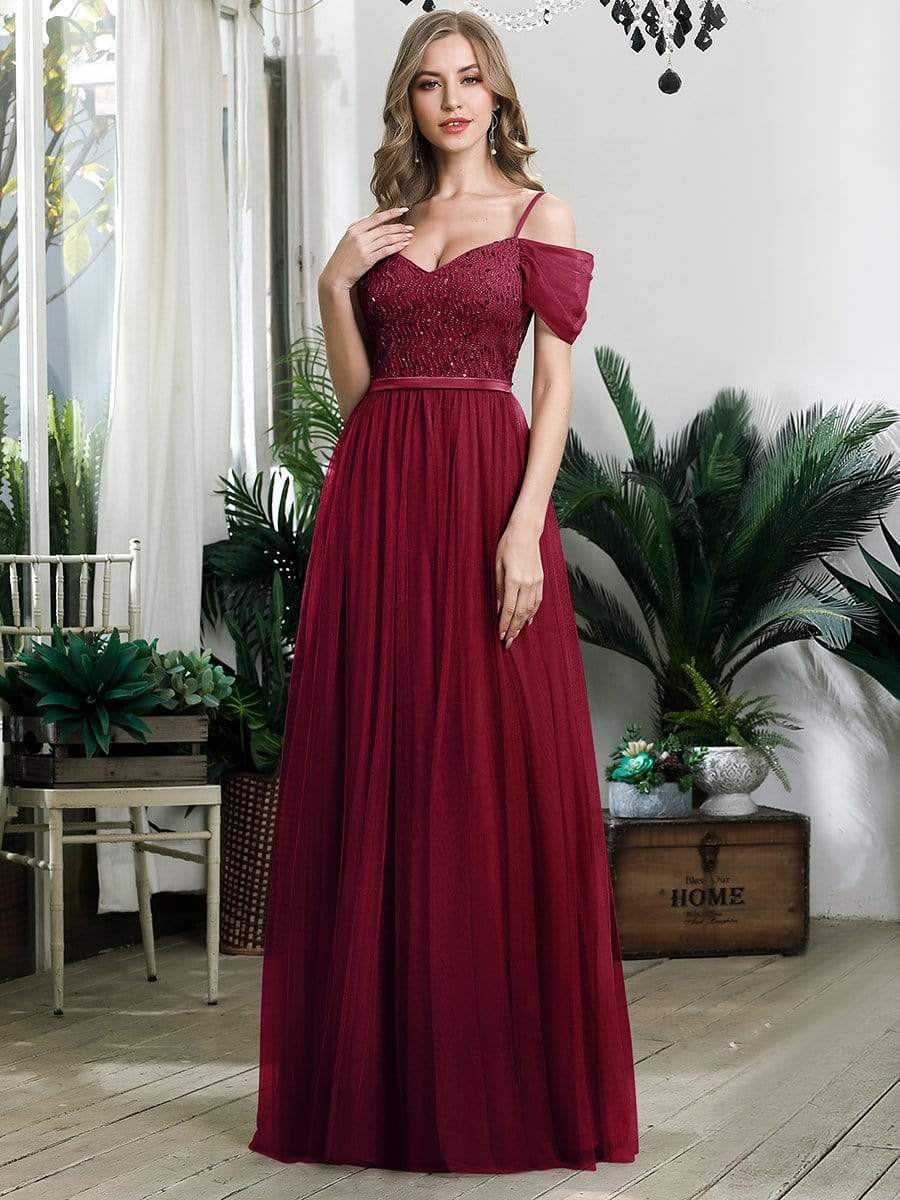 Color=Burgundy | A-Line Sweetheart Neckline Ruffle Sleeve Tulle Bridesmaid Dress With Sequin-Burgundy 8