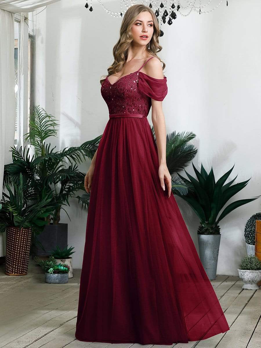 Color=Burgundy | A-Line Sweetheart Neckline Ruffle Sleeve Tulle Bridesmaid Dress With Sequin-Burgundy 9