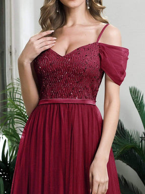 Color=Burgundy | A-Line Sweetheart Neckline Ruffle Sleeve Tulle Bridesmaid Dress With Sequin-Burgundy 10