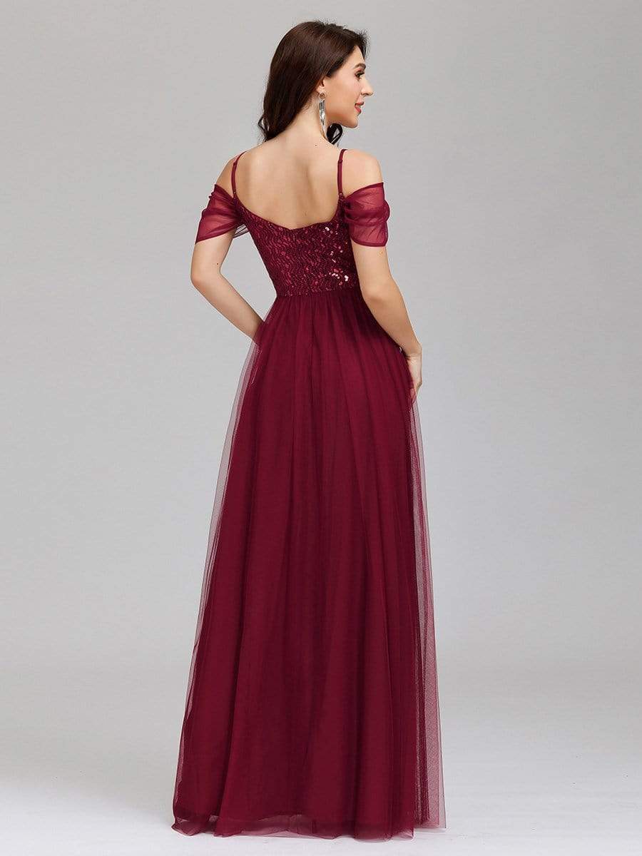 Color=Burgundy | A-Line Sweetheart Neckline Ruffle Sleeve Tulle Bridesmaid Dress With Sequin-Burgundy 2