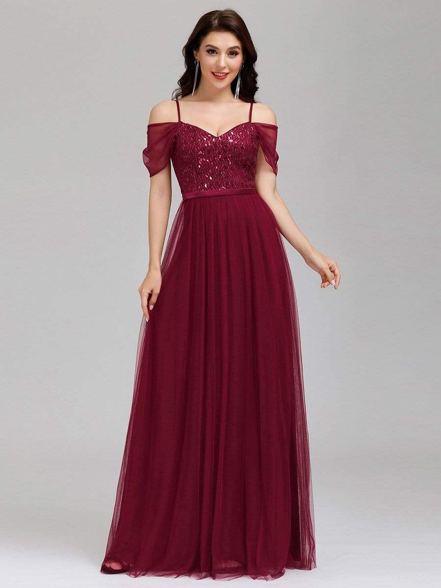 Color=Burgundy | A-Line Sweetheart Neckline Ruffle Sleeve Tulle Bridesmaid Dress With Sequin-Burgundy 1