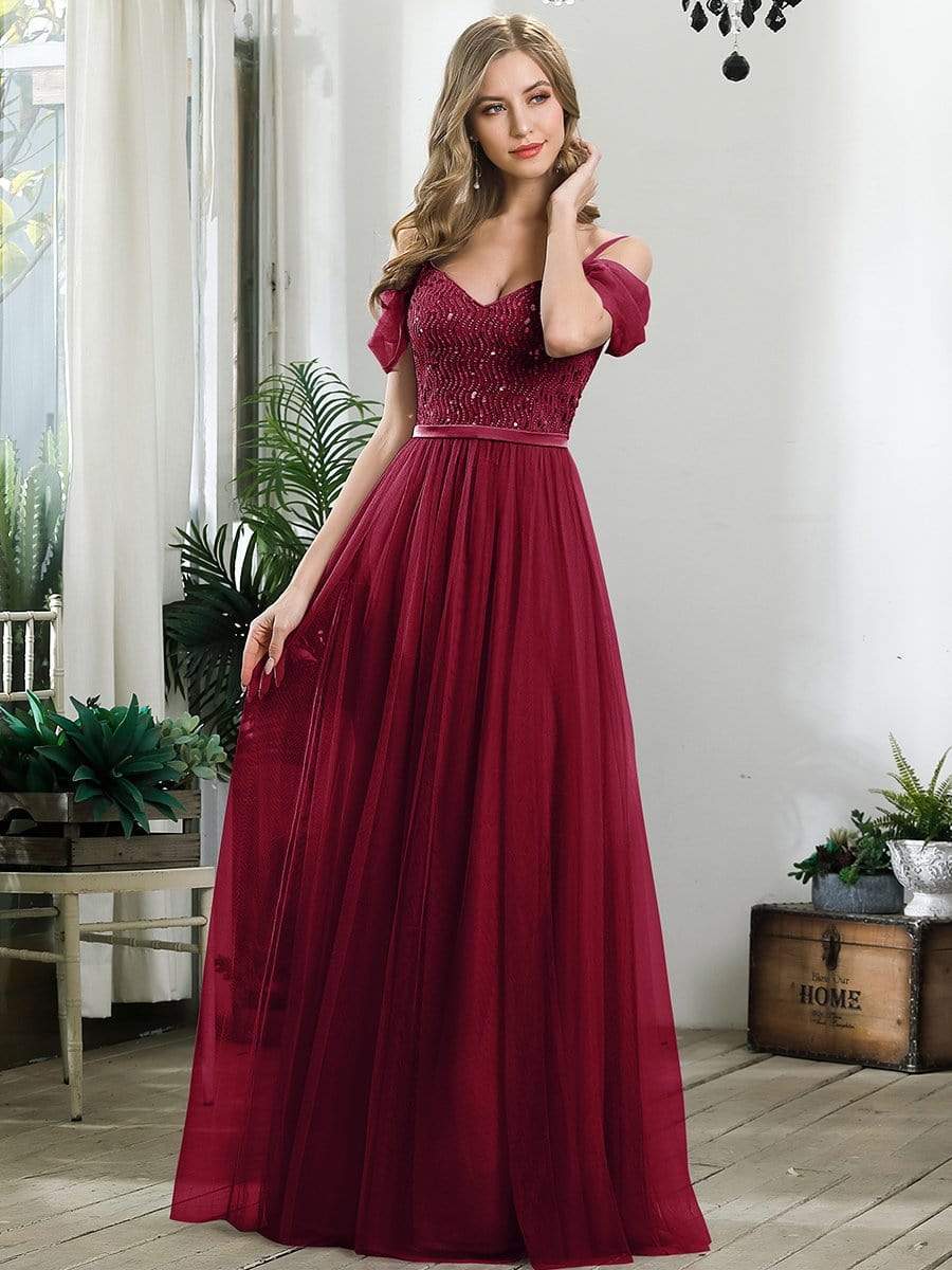 Color=Burgundy | A-Line Sweetheart Neckline Ruffle Sleeve Tulle Bridesmaid Dress With Sequin-Burgundy 6