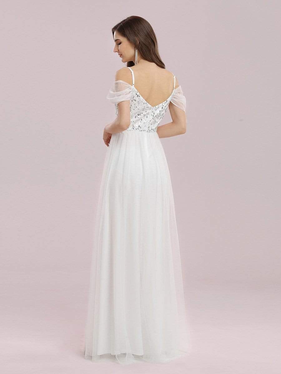 Color=Cream | A-Line Sweetheart Neckline Ruffle Sleeve Tulle Bridesmaid Dress With Sequin-Cream 2