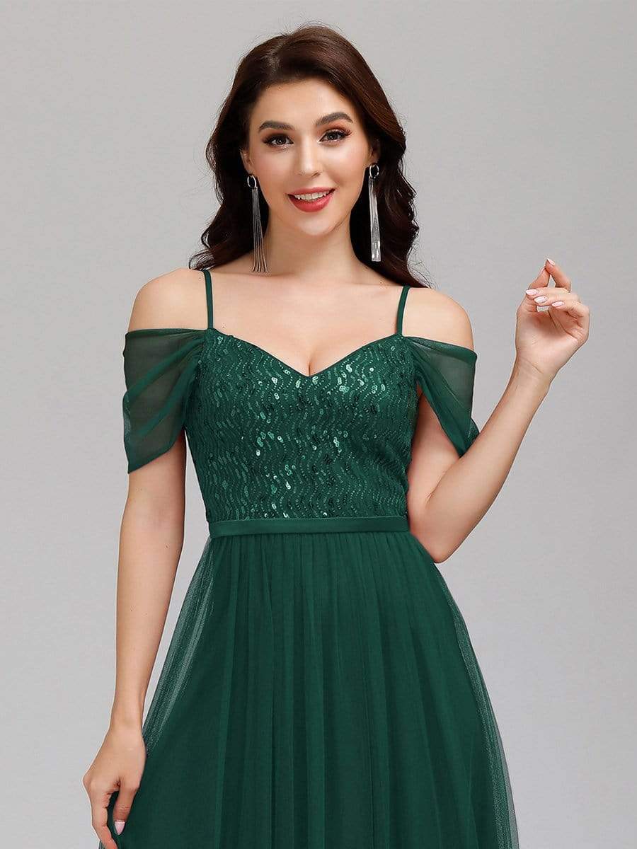 Color=Dark Green | A-Line Sweetheart Neckline Ruffle Sleeve Tulle Bridesmaid Dress With Sequin-Dark Green 5