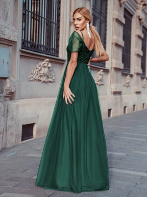 Color=Dark Green | A-Line Sweetheart Neckline Ruffle Sleeve Tulle Bridesmaid Dress With Sequin-Dark Green 12