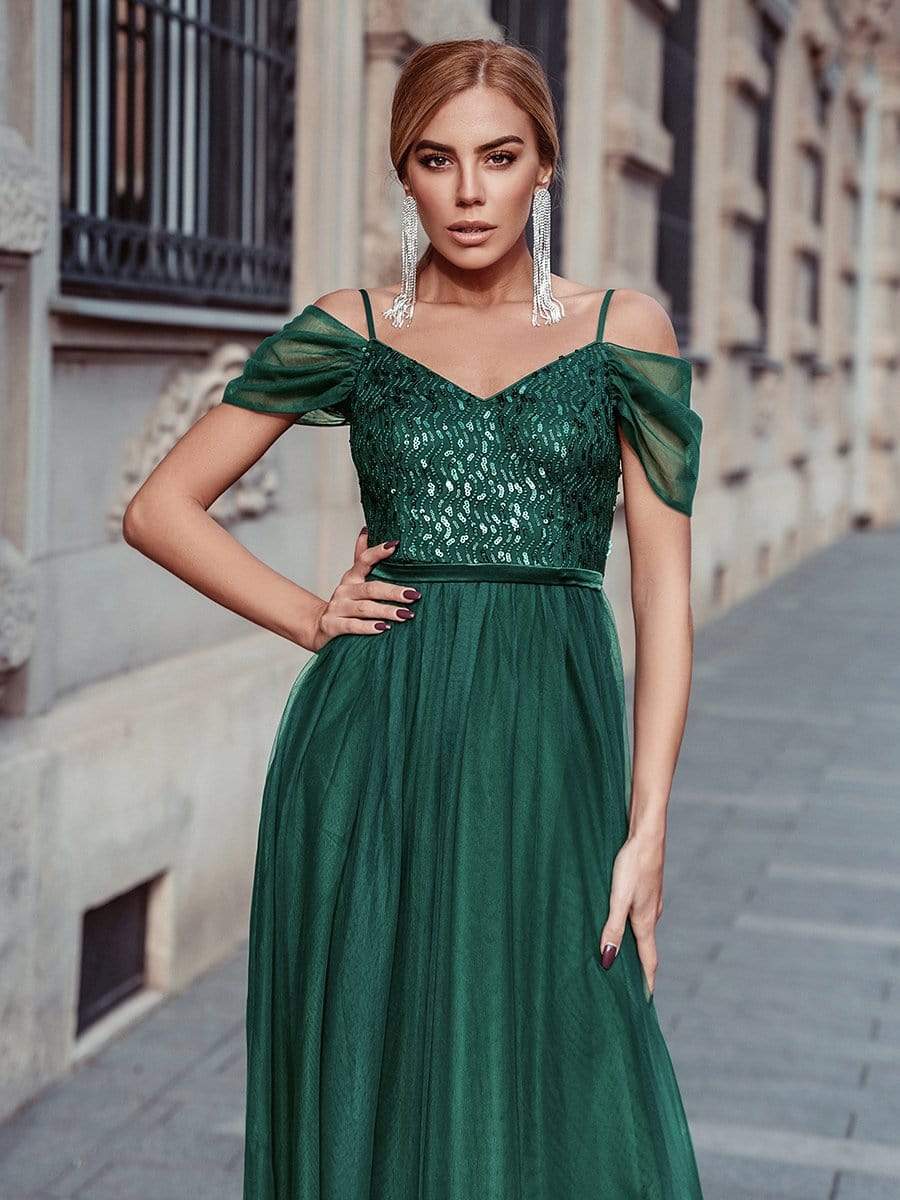 Color=Dark Green | A-Line Sweetheart Neckline Ruffle Sleeve Tulle Bridesmaid Dress With Sequin-Dark Green 13