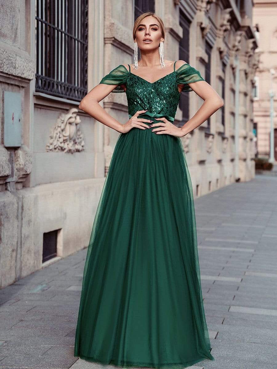 Color=Dark Green | A-Line Sweetheart Neckline Ruffle Sleeve Tulle Bridesmaid Dress With Sequin-Dark Green 11