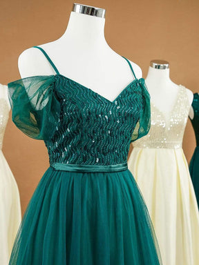 Color=Dark Green | A-Line Sweetheart Neckline Ruffle Sleeve Tulle Bridesmaid Dress With Sequin-Dark Green 14
