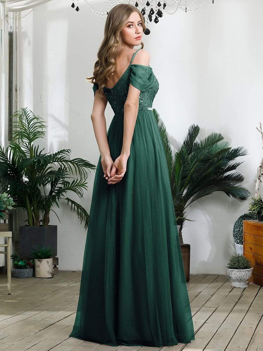 Color=Dark Green | A-Line Sweetheart Neckline Ruffle Sleeve Tulle Bridesmaid Dress With Sequin-Dark Green 2