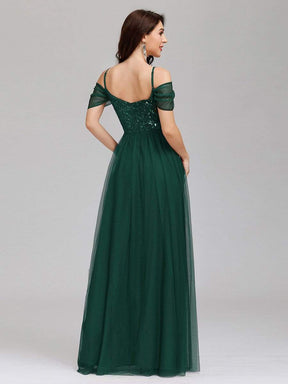 Color=Dark Green | A-Line Sweetheart Neckline Ruffle Sleeve Tulle Bridesmaid Dress With Sequin-Dark Green 1