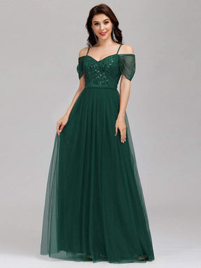 Color=Dark Green | A-Line Sweetheart Neckline Ruffle Sleeve Tulle Bridesmaid Dress With Sequin-Dark Green 2