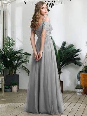 Color=Grey | A-Line Sweetheart Neckline Ruffle Sleeve Tulle Bridesmaid Dress With Sequin-Grey 2