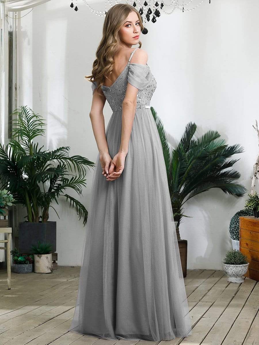 Color=Grey | A-Line Sweetheart Neckline Ruffle Sleeve Tulle Bridesmaid Dress With Sequin-Grey 2