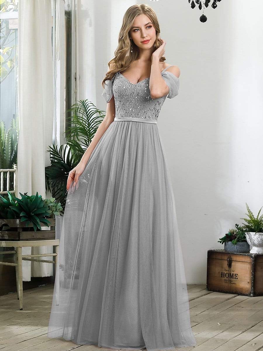 Color=Grey | A-Line Sweetheart Neckline Ruffle Sleeve Tulle Bridesmaid Dress With Sequin-Grey 3