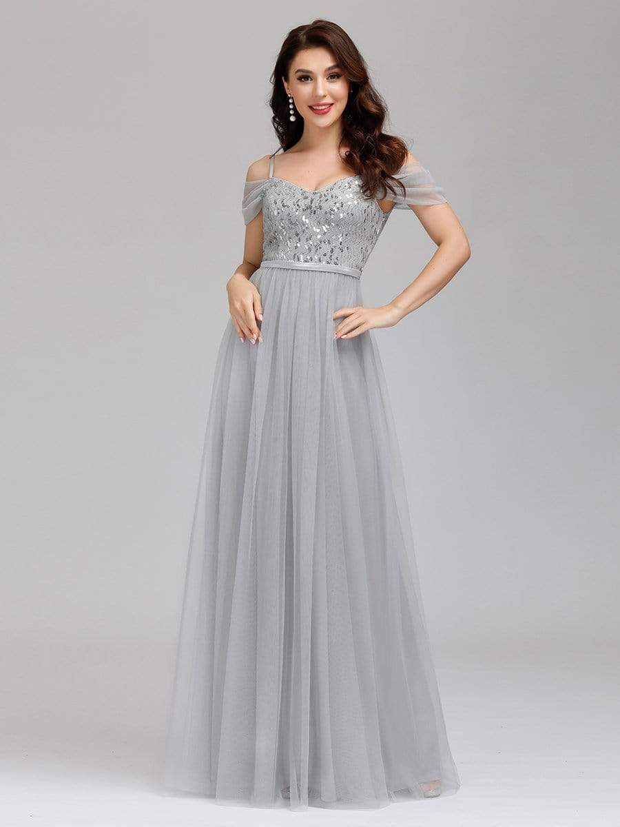 Color=Grey | A-Line Sweetheart Neckline Ruffle Sleeve Tulle Bridesmaid Dress With Sequin-Grey 8