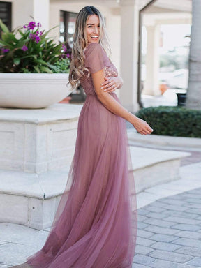 Color=Purple Orchid | A-Line Sweetheart Neckline Ruffle Sleeve Tulle Bridesmaid Dress With Sequin-Purple Orchid 5