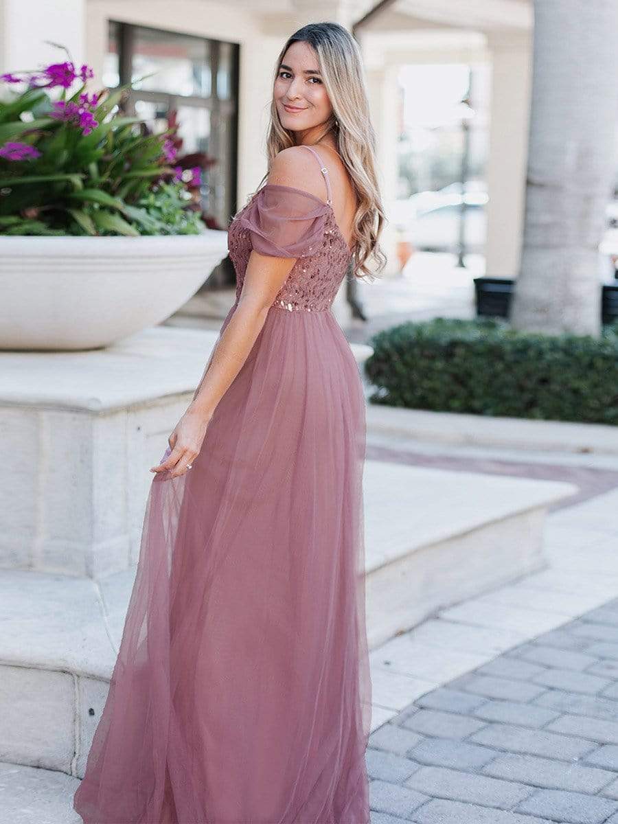 Color=Purple Orchid | A-Line Sweetheart Neckline Ruffle Sleeve Tulle Bridesmaid Dress With Sequin-Purple Orchid 6
