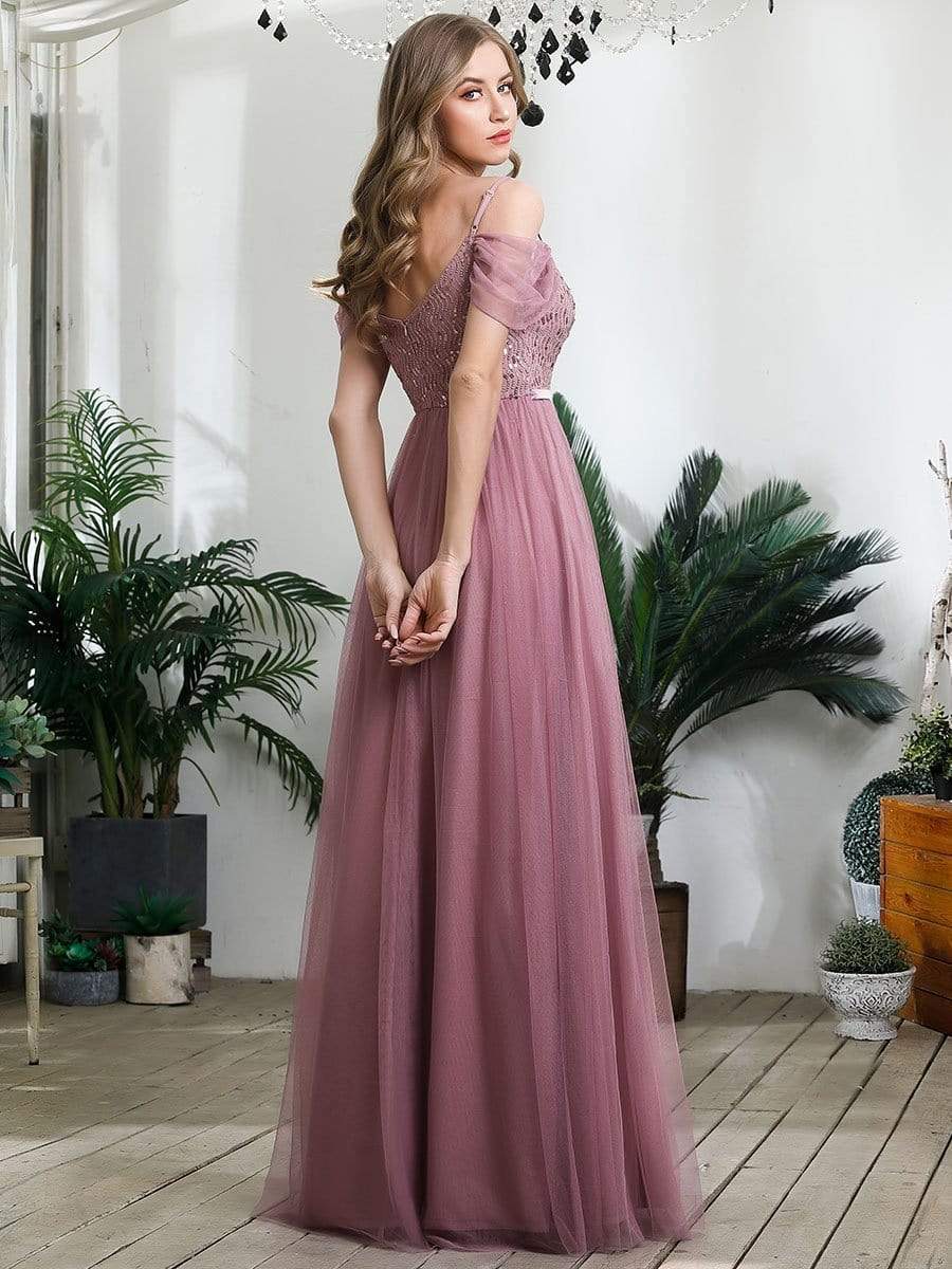 Color=Purple Orchid | A-Line Sweetheart Neckline Ruffle Sleeve Tulle Bridesmaid Dress With Sequin-Purple Orchid 8
