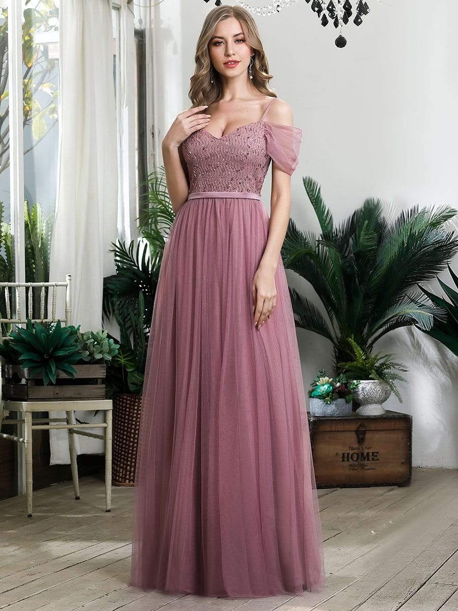 Color=Purple Orchid | A-Line Sweetheart Neckline Ruffle Sleeve Tulle Bridesmaid Dress With Sequin-Purple Orchid 7