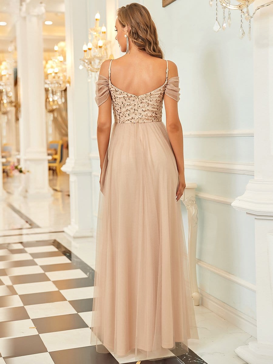 Color=Rose Gold | A-Line Sweetheart Neckline Ruffle Sleeve Tulle Bridesmaid Dress With Sequin-Rose Gold 2